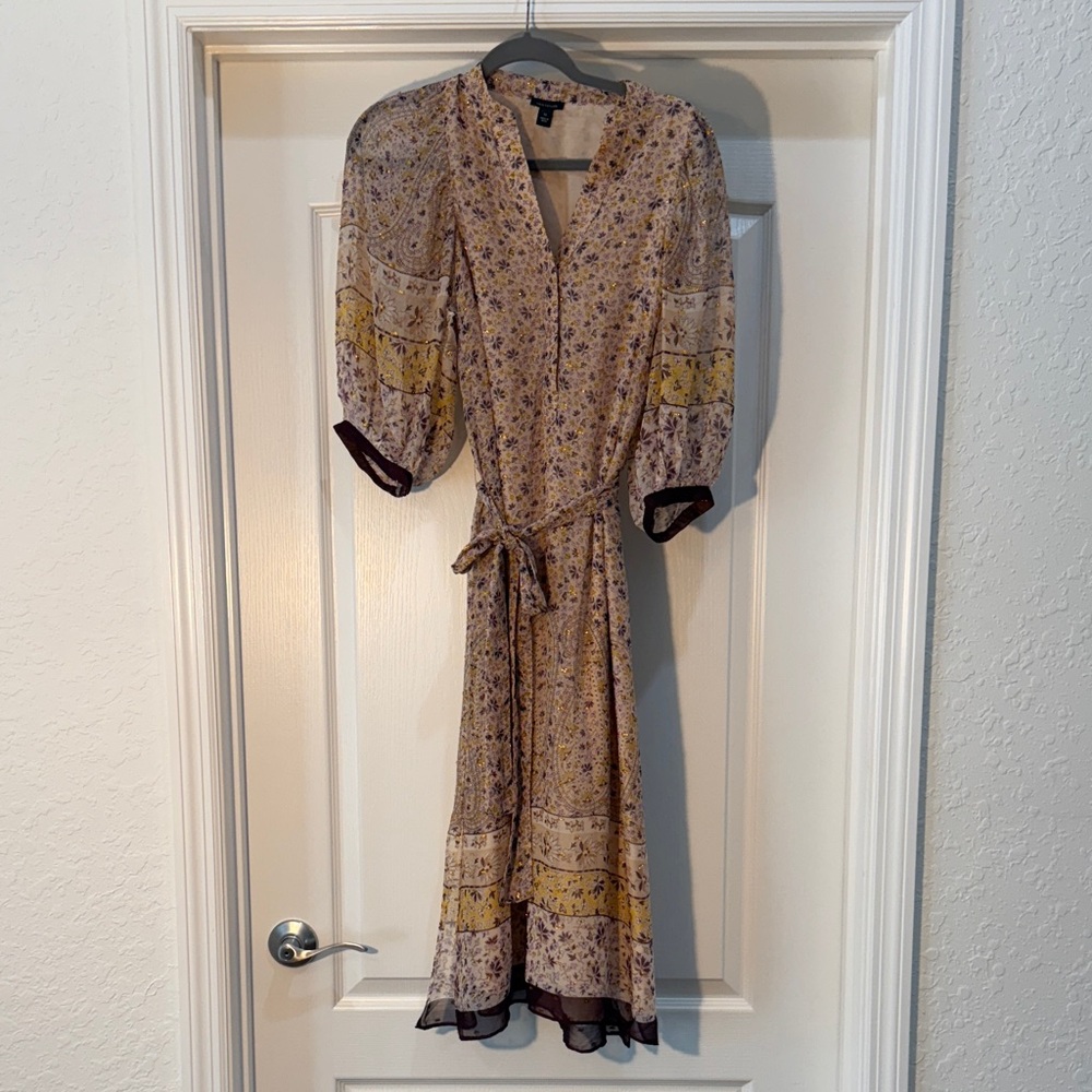Ann Taylor Floral Long Sleeve Dress Yellow Brown NWT Size XS Gold Accents